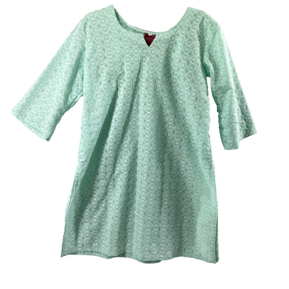 Taruni Tunic Top Womens XL Mint Green White Embroidered Slit Side India Kurta